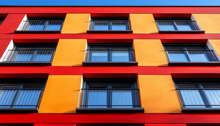 A close-up view of a building&#39;s facade with a repeating pattern of red and yellow panels, black-framed windows, and balconies.の素材