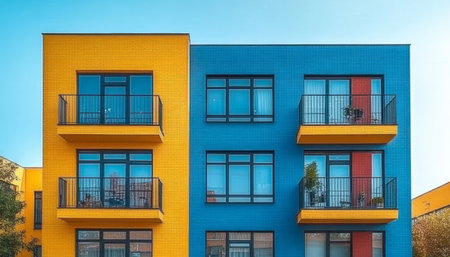 A modern apartment building with yellow and blue brick exterior and balconies.の素材
