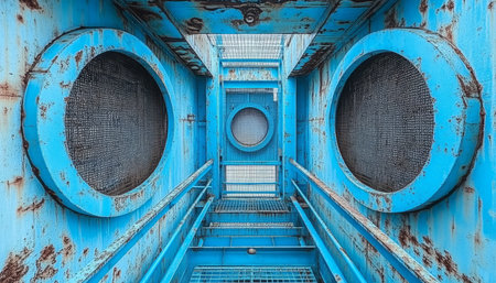A close-up view of a rusty blue metal structure with two circular grilles, showcasing peeling paint and a sense of industrial decay.の素材