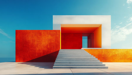 A modern architectural structure with concrete steps leading up to an entrance, featuring orange, white, and blue walls against a bright sky.の素材