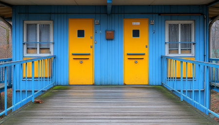 A blue and yellow exterior of a building with two yellow doors, wood planks, and railings.の素材