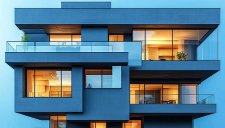 An exterior view of a modern apartment building with illuminated windows and balconies against a twilight sky.の素材