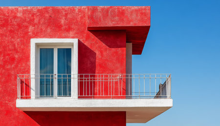 A red building with a white balcony and window against a bright blue sky.の素材