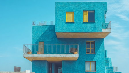 A turquoise building with yellow window shutters, balconies, and railings against a bright blue sky.の素材