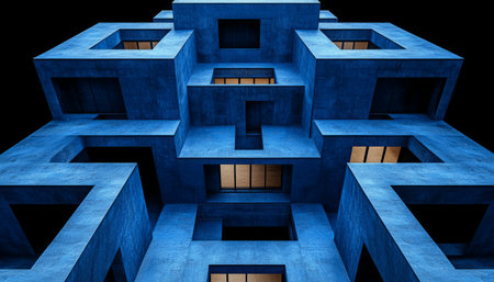 A low-angle view of a modern, abstract concrete building with windows, bathed in a cool blue light.の素材