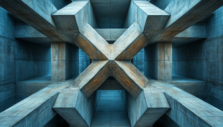 An abstract image of a concrete structure with intersecting beams, creating geometric shapes and patterns.の素材