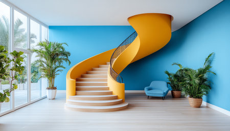 A modern interior design featuring a yellow spiral staircase against a blue wall, creating a bright and airy atmosphere.の素材