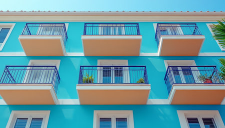 A low angle view of a blue building with balconies and white windows.の素材