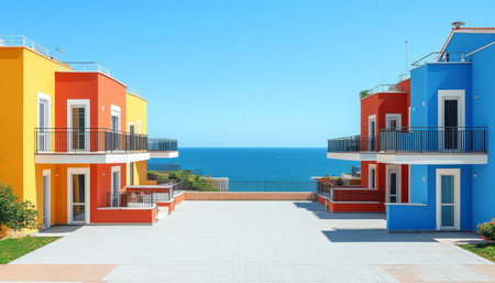 Two brightly colored Mediterranean villas with balconies overlooking the ocean.の素材