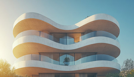 A modern building with curved balconies and glass windows, showcasing a sleek and elegant design.の素材