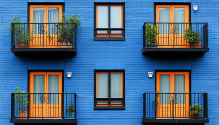 A blue brick building with orange doors and balconies, featuring black railings and potted plants.の素材