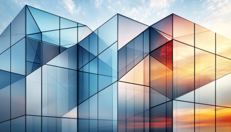 A close-up view of a modern glass building facade reflecting a vibrant sunset sky.の素材