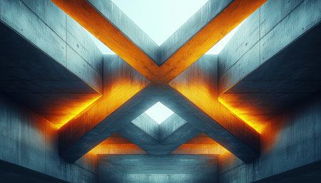 A low-angle shot of an illuminated concrete ceiling, with beams creating a geometric pattern.の素材