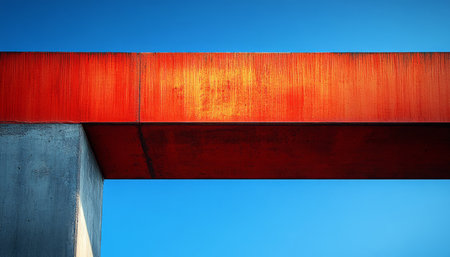 A close-up image of a red metal beam against a clear blue sky.の素材