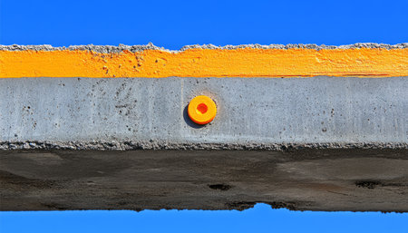 A close-up photograph of a concrete beam featuring a yellow stripe and a round yellow plug.の素材