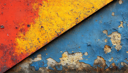 A close-up view of an old wall with red, yellow, and blue paint that is chipped, cracked, and peeling.の素材