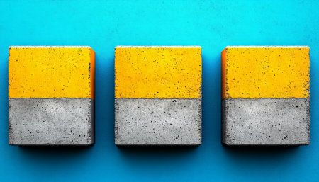 Three concrete blocks painted yellow on top are lined up against a blue background.の素材