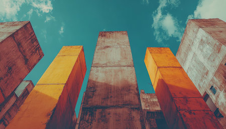 A low angle view of an abstract architectural composition featuring walls in orange, yellow, and grey against a blue sky.の素材