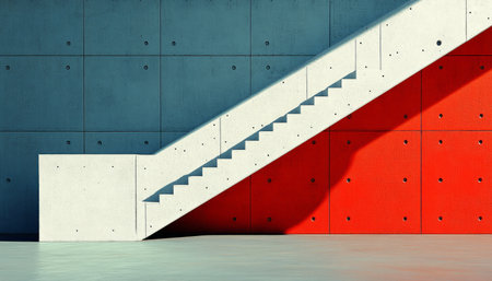 A concrete staircase leads to a split wall of red and blue with a shadow cast from the staircase.の素材