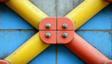 A close-up of a concrete structure with intersecting painted yellow, red, and blue elements connected with bolts.の素材