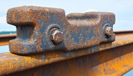 A close-up of a rusty metal bracket attached to a railroad track.の素材