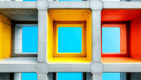 A close-up view of a concrete structure with three recessed frames painted yellow, red, and orange, framing a blue sky.の素材