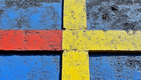 A close-up of a concrete wall painted with horizontal and vertical stripes of yellow, red, and blue.の素材