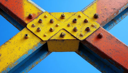 Close-up of intersecting painted metal beams with a blue sky background.の素材