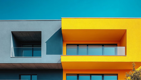 A close-up view of a modern building with contrasting yellow and gray walls, featuring windows and a balcony.の素材