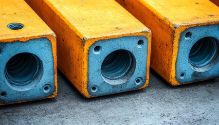 A close-up of three metal blocks painted yellow and blue with circular holes, lying on a concrete surface.の素材