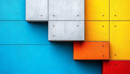 A close-up of a modern wall with colorful concrete panels forming a geometric pattern.の素材