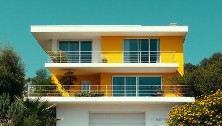 A modern two-story house with yellow walls and white balconies, surrounded by lush greenery.の素材