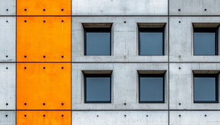 A close-up shot of a concrete wall with an orange panel and rectangular windows.の素材