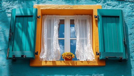 A colorful window with lace curtains, reflecting the sky, set in a bright blue wall with yellow trim.の素材