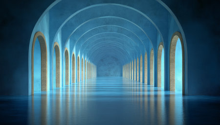 A digitally rendered image of a water-filled hallway with repeating arches.の素材