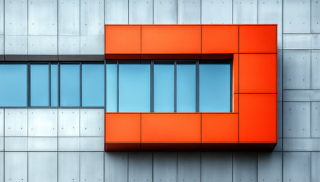 A modern building with a single orange window and panel, creating a minimalist and geometric design.の素材