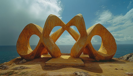 A golden abstract sculpture overlooking the ocean on a coastal cliff.の素材
