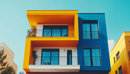 A modern building with a yellow, blue, and white color scheme, featuring a balcony and windows.の素材