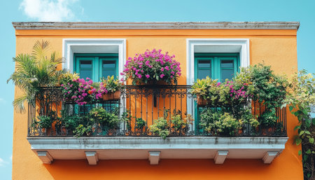 A vibrant and colorful balcony with flowers, plants, and a wrought iron railing on an orange building.の素材