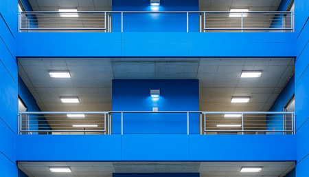 A view of three identical balconies with blue walls and concrete ceilings, illuminated by overhead lights.の素材