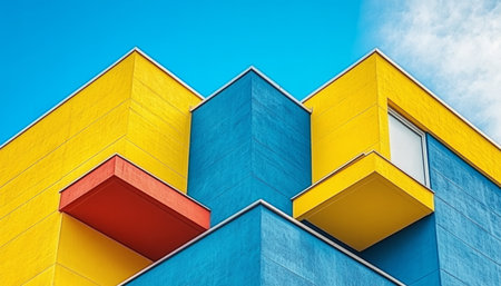 A close-up view of a modern building with a geometric facade, showcasing yellow, blue, and red walls, creating an abstract and colorful composition.の素材