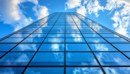 A low-angle view of a modern skyscraper's glass facade reflecting a blue sky with white clouds.の素材