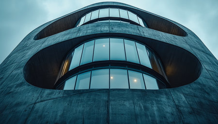 A modern building with curved walls and large windows.の素材