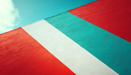 A close-up view of a wall painted with red, white, and turquoise stripes, set against a blue sky.の素材