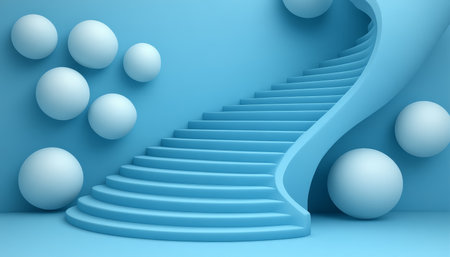 A 3D rendering of a minimalist blue staircase and spheres in a modern interior design.の素材