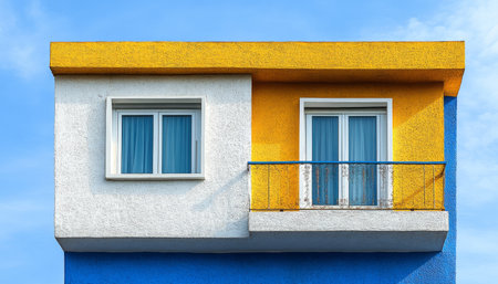A close-up of a building facade with yellow, white, and blue colors, featuring windows and a balcony.の素材