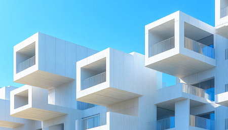 A contemporary building with a unique design featuring white concrete and overhanging balconies.の素材