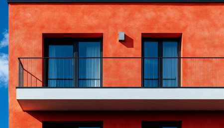 A close-up of two windows and a balcony on the orange facade of a modern building.の素材