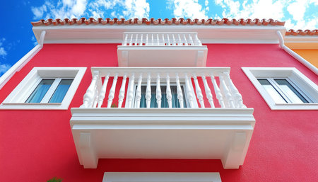 An exterior view of a red building with white balconies and windows against a blue sky.の素材