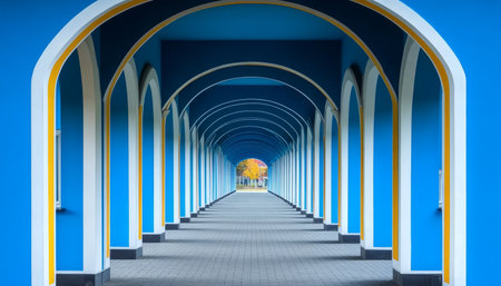 A walkway lined with blue, white, and yellow arches leading to a park.の素材